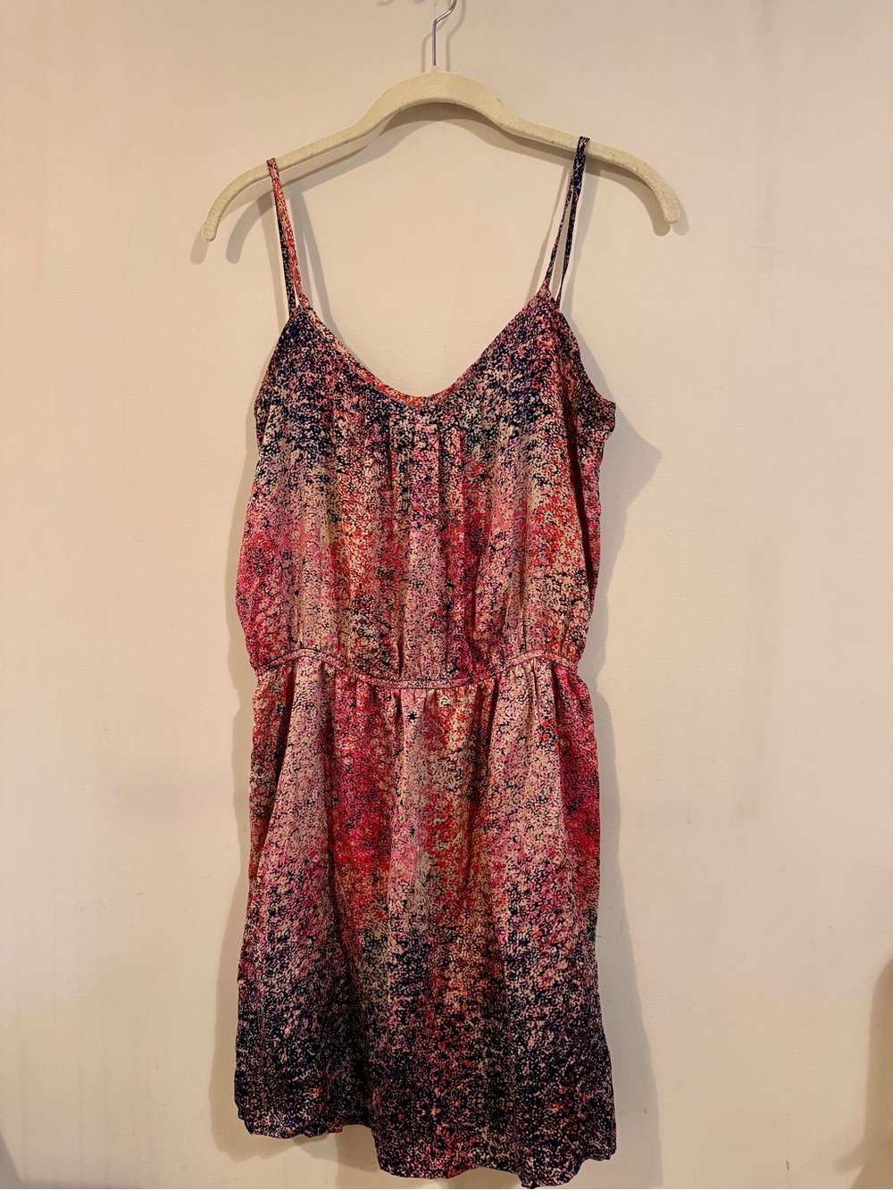 Aqua Vintage Pink & Purple Abstract Print Spaghetti Strap Mini Dress, Medium